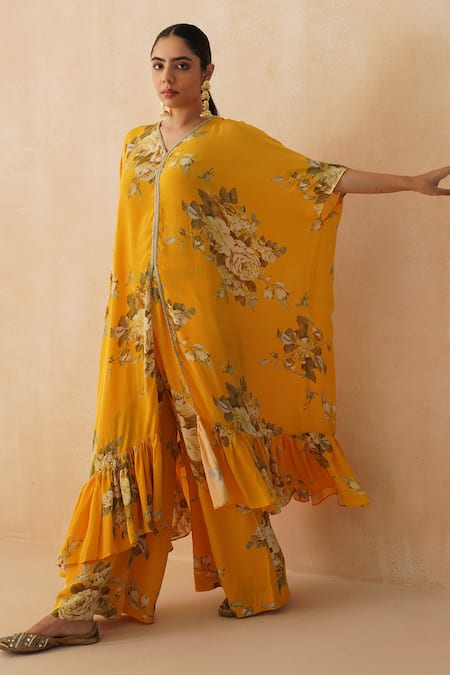 Shop_Palak & Mehak_Yellow Crepe Embroidery V-neck Floral Print Kaftan And Pant Set _Online_at_Aza_Fashions