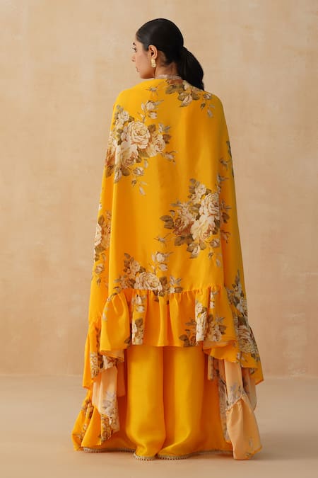 Shop Palak & Mehak Yellow Crepe Lace Scoop Neck Floral Print Cape Pant Set at Aza Fashions Shop_Palak & Mehak_Yellow Crepe Lace Scoop Neck Floral Print Cape Pant Set _at_Aza_Fashions