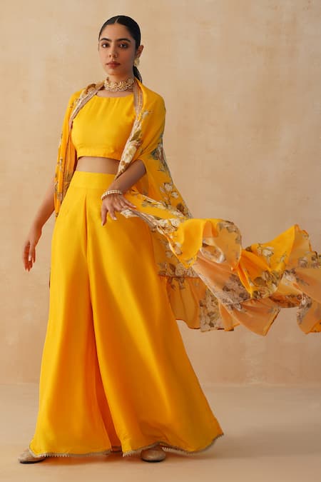Palak & Mehak Yellow Crepe Lace Scoop Neck Floral Print Cape Pant Set Online at Aza Fashions Palak & Mehak_Yellow Crepe Lace Scoop Neck Floral Print Cape Pant Set _Online_at_Aza_Fashions
