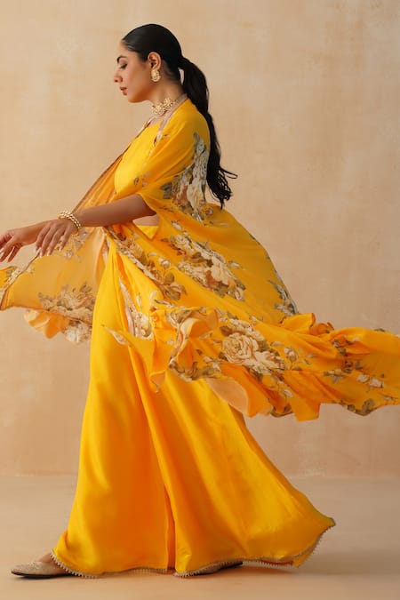 Buy Palak & Mehak Yellow Crepe Lace Scoop Neck Floral Print Cape Pant Set Online at Aza Fashions Buy_Palak & Mehak_Yellow Crepe Lace Scoop Neck Floral Print Cape Pant Set _Online_at_Aza_Fashions