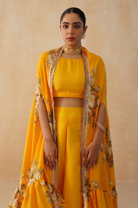 Shop Palak & Mehak Yellow Crepe Lace Scoop Neck Floral Print Cape Pant Set Online at Aza Fashions Shop_Palak & Mehak_Yellow Crepe Lace Scoop Neck Floral Print Cape Pant Set _Online_at_Aza_Fashions