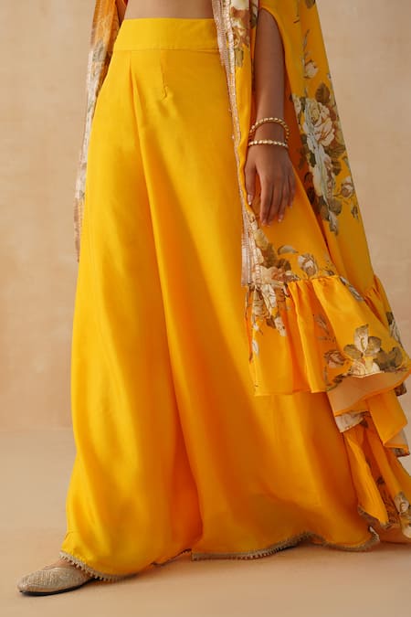Palak & Mehak Yellow Crepe Lace Scoop Neck Floral Print Cape Pant Set at Aza Fashions Palak & Mehak_Yellow Crepe Lace Scoop Neck Floral Print Cape Pant Set _at_Aza_Fashions