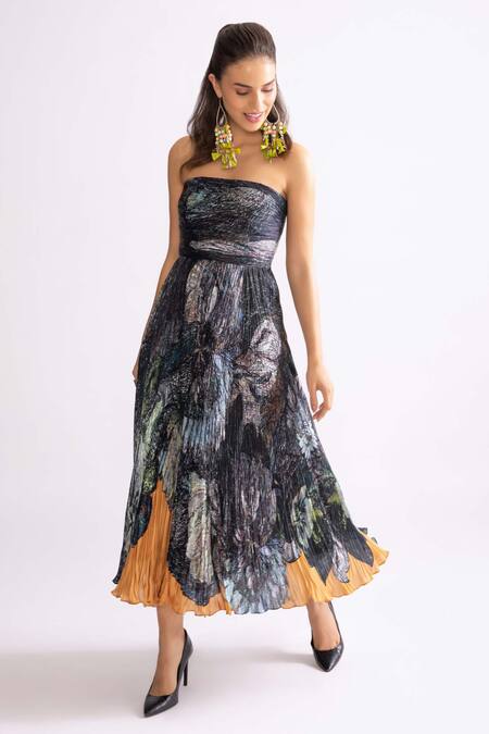 Saaksha & Kinni_Multi Color Chiffon Bandeau Neck Diana Daisy Print Dress _Online_at_Aza_Fashions