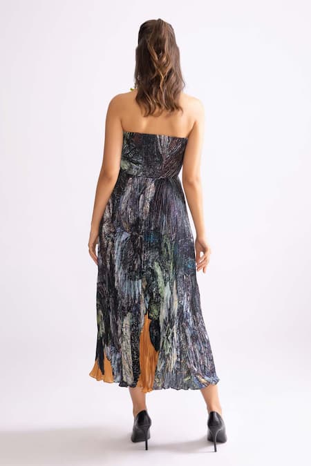 Shop_Saaksha & Kinni_Multi Color Chiffon Bandeau Neck Diana Daisy Print Dress _at_Aza_Fashions