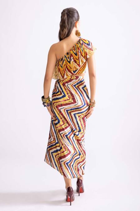 Shop_Saaksha & Kinni_Multi Color Cotton, Silk Asymmetric Barbie Zig-zag Print Crop Top_at_Aza_Fashions