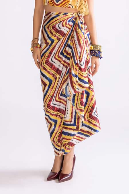 Saaksha & Kinni_Multi Color Silk Barbie Zig-zag Print Draped Skirt_Online_at_Aza_Fashions