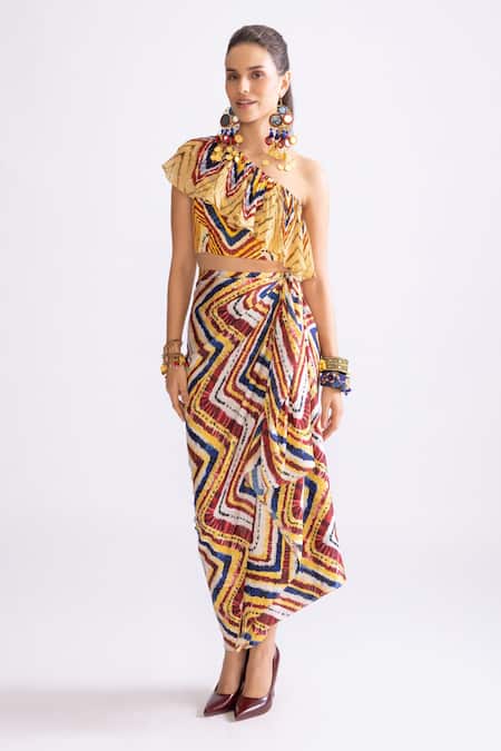 Buy_Saaksha & Kinni_Multi Color Silk Barbie Zig-zag Print Draped Skirt_Online_at_Aza_Fashions