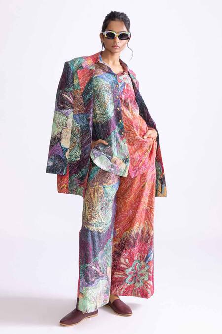 Saaksha & Kinni_Multi Color Muslin Bailey Printed Blazer _Online_at_Aza_Fashions