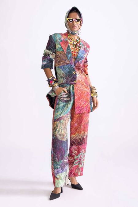 Buy Saaksha & Kinni Multi Color Muslin Bailey Printed Blazer Buy_Saaksha & Kinni_Multi Color Muslin Bailey Printed Blazer
