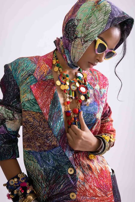Shop Saaksha & Kinni Multi Color Muslin Bailey Printed Blazer Shop_Saaksha & Kinni_Multi Color Muslin Bailey Printed Blazer