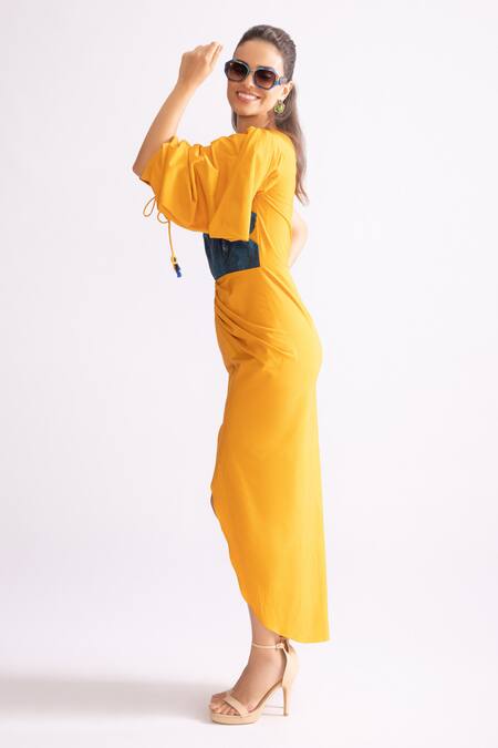 Buy_Saaksha & Kinni_Yellow Cotton One Shoulder Tulip Dress_Online_at_Aza_Fashions