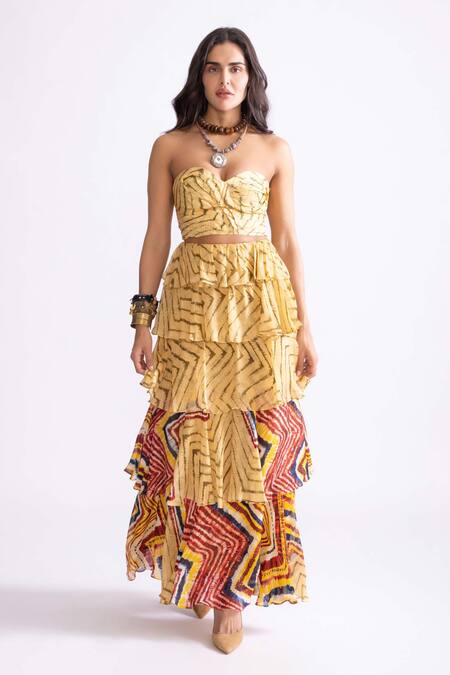 Saaksha & Kinni_Yellow Cotton, Silk Sweetheart Neck Candy Printed Bustier_Online_at_Aza_Fashions