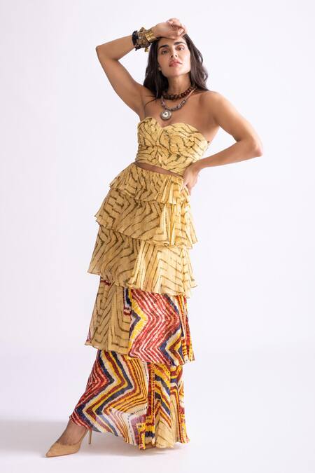Saaksha & Kinni_Yellow Chiffon Amelia Layered Skirt_Online_at_Aza_Fashions