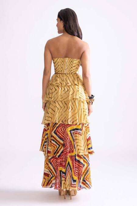 Shop_Saaksha & Kinni_Yellow Chiffon Amelia Layered Skirt_at_Aza_Fashions
