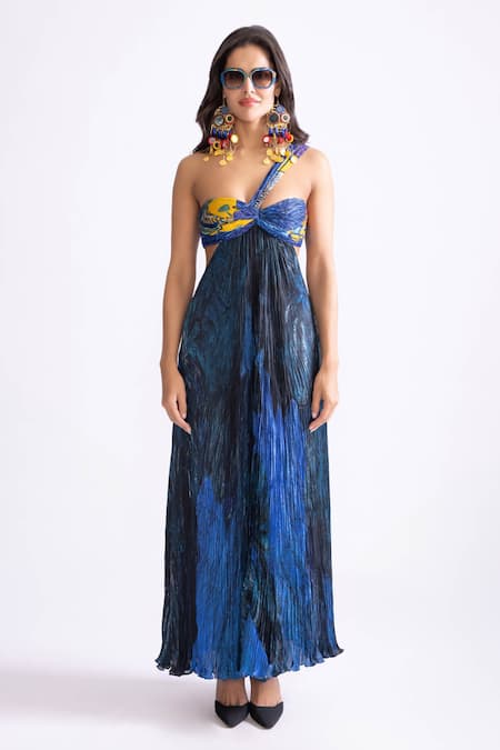 Saaksha & Kinni_Blue Chiffon, Polyester Embroidery Asymmetric Josephine Daisy Print Maxi Dress _Online_at_Aza_Fashions