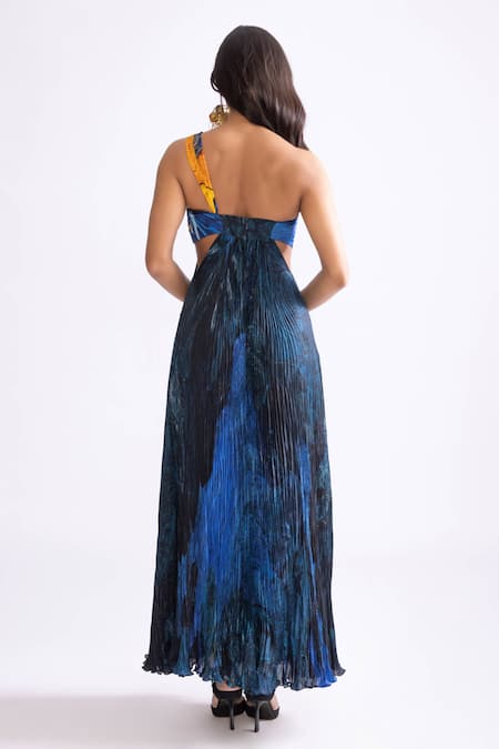 Shop_Saaksha & Kinni_Blue Chiffon, Polyester Embroidery Asymmetric Josephine Daisy Print Maxi Dress _at_Aza_Fashions