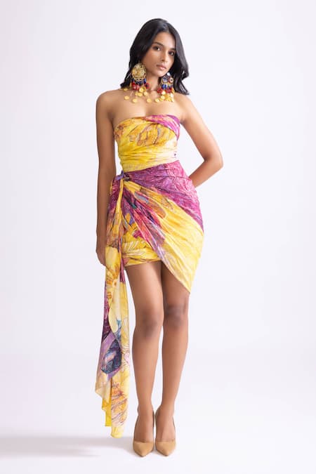Saaksha & Kinni_Yellow Silk Bandeau Neck Lyra Daisy Print Dress _Online_at_Aza_Fashions