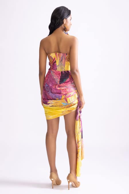 Shop_Saaksha & Kinni_Yellow Silk Bandeau Neck Lyra Daisy Print Dress _at_Aza_Fashions
