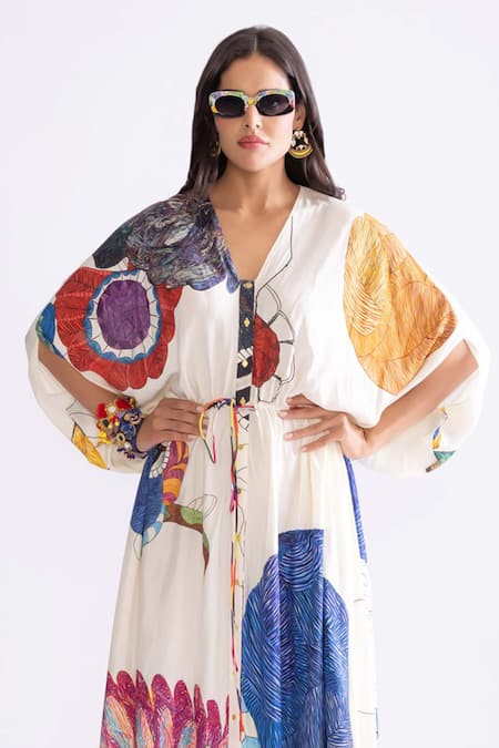 Saaksha & Kinni_Multi Color Hemp V-neck Shiloh Printed Kaftan _Online_at_Aza_Fashions
