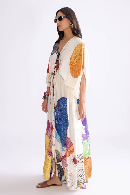 Buy_Saaksha & Kinni_Multi Color Hemp V-neck Shiloh Printed Kaftan _Online_at_Aza_Fashions
