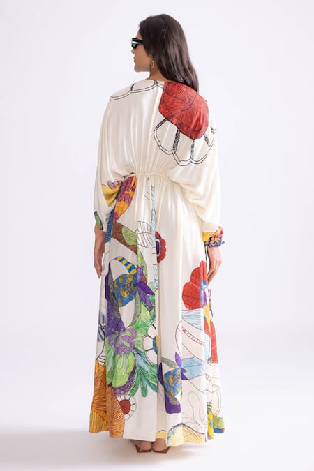 Shop_Saaksha & Kinni_Multi Color Hemp V-neck Shiloh Printed Kaftan _at_Aza_Fashions