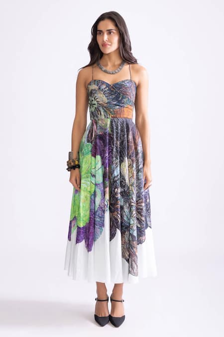 Saaksha & Kinni_Multi Color Cotton Sweetheart Neck Belle Daisy Print Dress _Online_at_Aza_Fashions