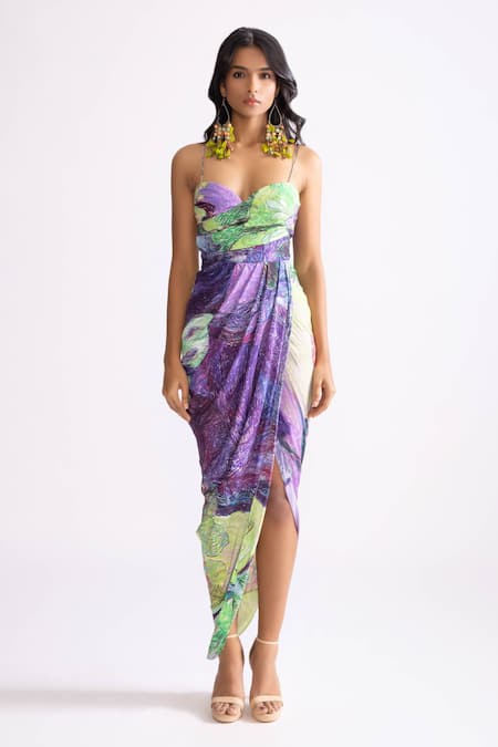 Saaksha & Kinni_Green Silk Embroidery Sweetheart Neck Aura Printed Cowl Dress _Online_at_Aza_Fashions