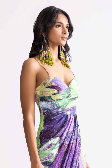 Buy_Saaksha & Kinni_Green Silk Embroidery Sweetheart Neck Aura Printed Cowl Dress _Online_at_Aza_Fashions