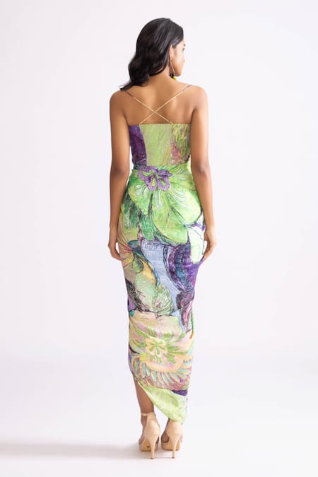 Shop_Saaksha & Kinni_Green Silk Embroidery Sweetheart Neck Aura Printed Cowl Dress _at_Aza_Fashions