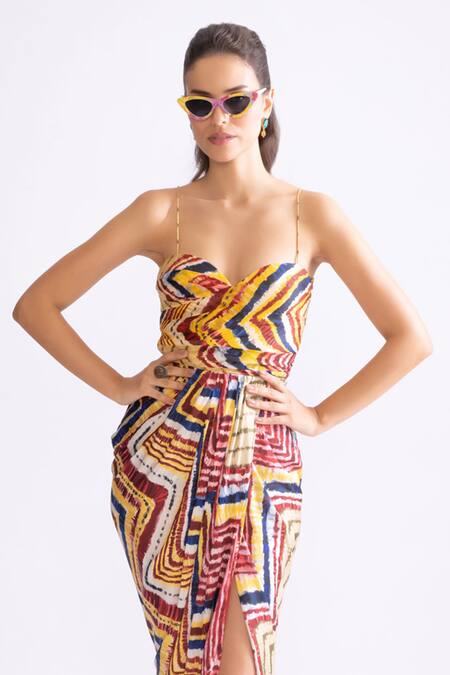 Saaksha & Kinni_Multi Color Silk, Polyester Sweetheart Neck Aura Front Slit Dress _Online_at_Aza_Fashions