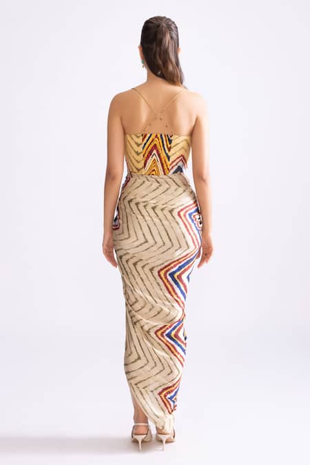 Shop_Saaksha & Kinni_Multi Color Silk, Polyester Sweetheart Neck Aura Front Slit Dress _at_Aza_Fashions