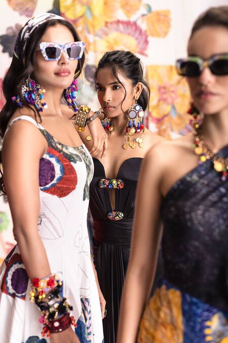 Saaksha & Kinni_Ivory Poplin Round Neck Emily Printed Dress _Online_at_Aza_Fashions