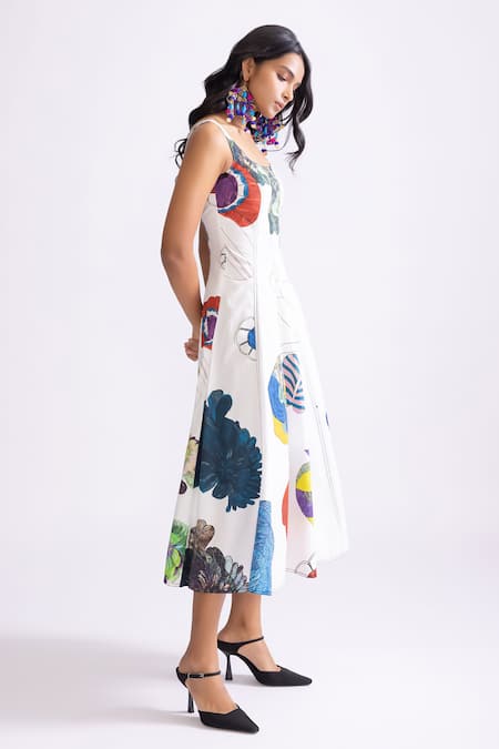 Buy_Saaksha & Kinni_Ivory Poplin Round Neck Emily Printed Dress _Online_at_Aza_Fashions