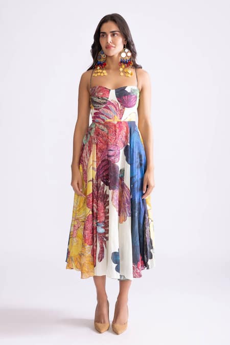 Saaksha & Kinni_Ivory Cotton Sweetheart Neck Marilyn Daisy Print Dress _Online_at_Aza_Fashions