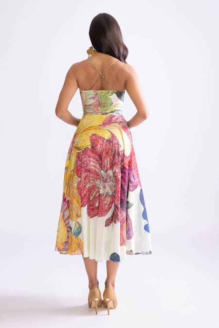 Shop_Saaksha & Kinni_Ivory Cotton Sweetheart Neck Marilyn Daisy Print Dress _at_Aza_Fashions