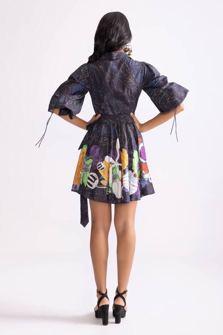Shop_Saaksha & Kinni_Black Cotton Collared Faye Placement Print Dress_at_Aza_Fashions