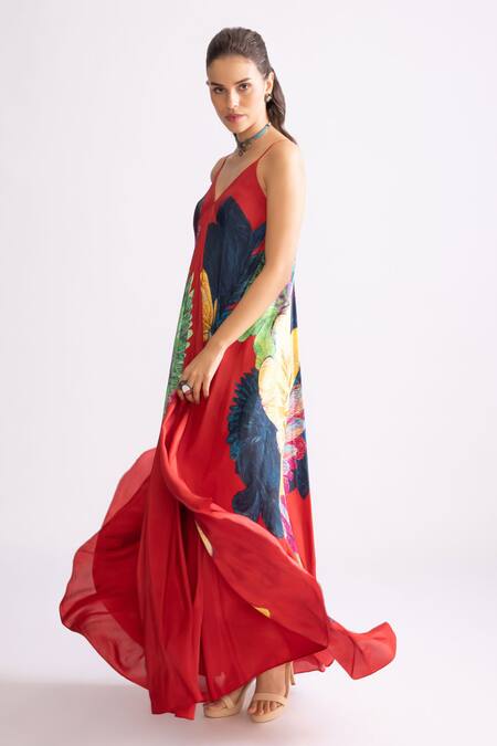 Buy_Saaksha & Kinni_Red Silk V-neck Yazmine Daisy Print Dress_Online_at_Aza_Fashions