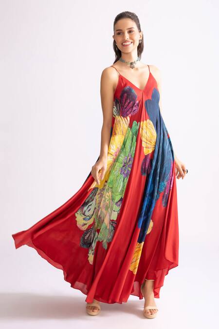 Shop_Saaksha & Kinni_Red Silk V-neck Yazmine Daisy Print Dress_Online_at_Aza_Fashions