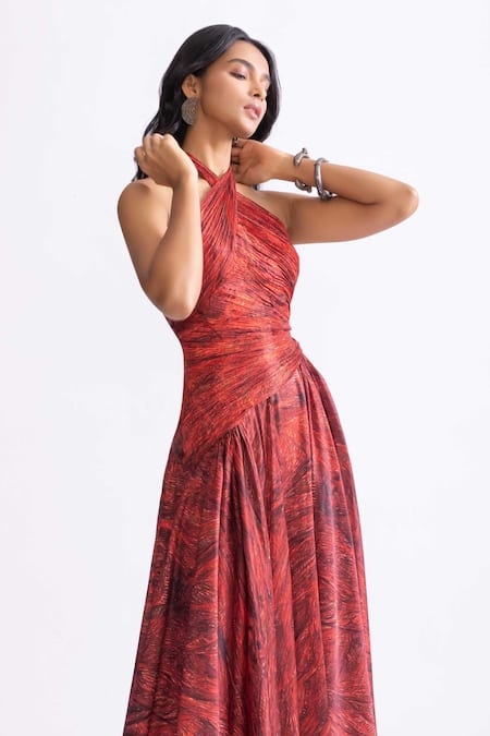 Saaksha & Kinni_Red Chiffon, Polyester Halter Neck Clara Wave Print Dress _Online_at_Aza_Fashions