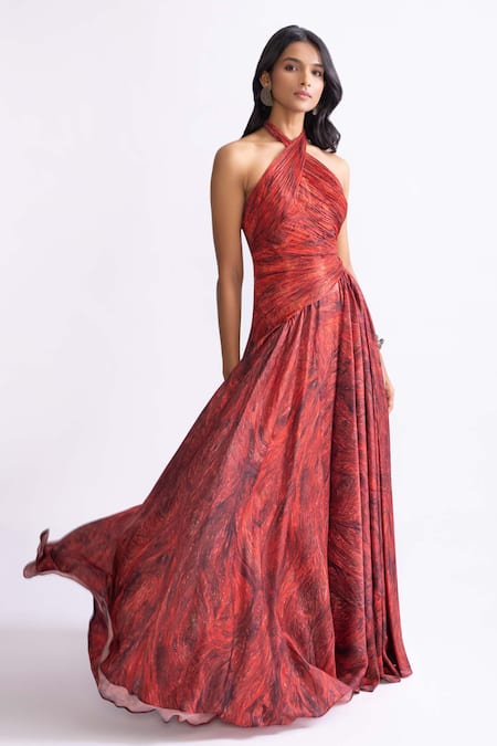 Buy_Saaksha & Kinni_Red Chiffon, Polyester Halter Neck Clara Wave Print Dress _Online_at_Aza_Fashions