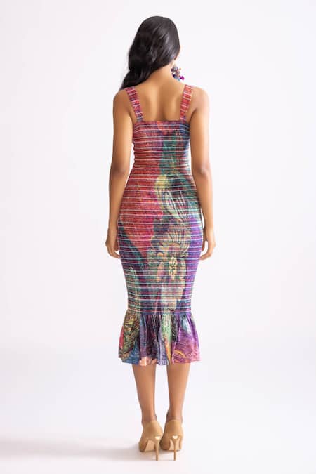 Shop_Saaksha & Kinni_Multi Color Cotton, Silk Embroidery Square Neck Sage Daisy Print Dress _at_Aza_Fashions