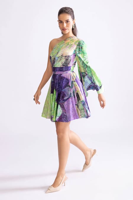 Saaksha & Kinni_Purple Silk One Shoulder Mischa Daisy Orchid Print Dress _Online_at_Aza_Fashions