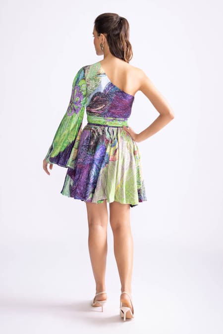 Shop_Saaksha & Kinni_Purple Silk One Shoulder Mischa Daisy Orchid Print Dress _at_Aza_Fashions