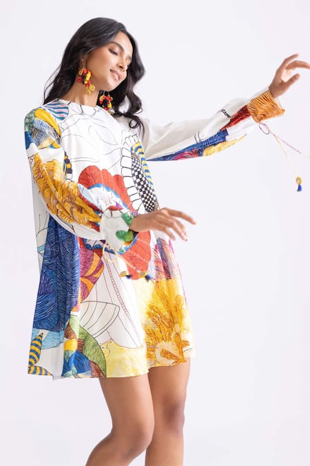 Saaksha & Kinni_Multi Color Cotton Round Neck Nova Trible Print Shift Dress _Online_at_Aza_Fashions