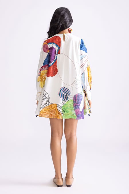 Shop_Saaksha & Kinni_Multi Color Cotton Round Neck Nova Trible Print Shift Dress _at_Aza_Fashions