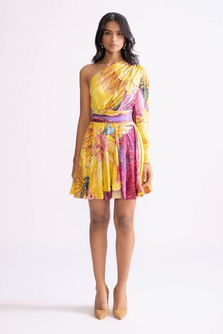 Saaksha & Kinni_Purple Silk One Shoulder Mischa Daisy Print Flared Dress _Online_at_Aza_Fashions