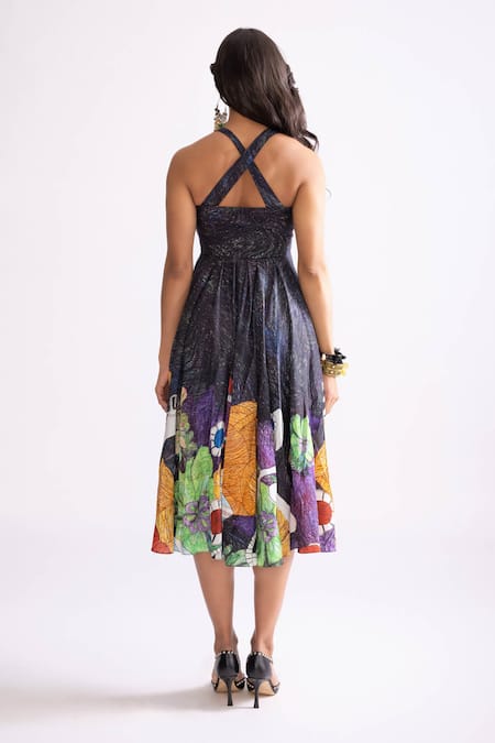 Shop_Saaksha & Kinni_Multi Color Cotton Sweetheart Neck Addison Trible Print Midi Dress _at_Aza_Fashions