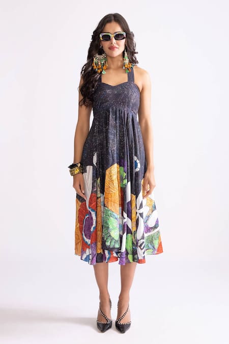 Buy_Saaksha & Kinni_Multi Color Cotton Sweetheart Neck Addison Trible Print Midi Dress _Online_at_Aza_Fashions