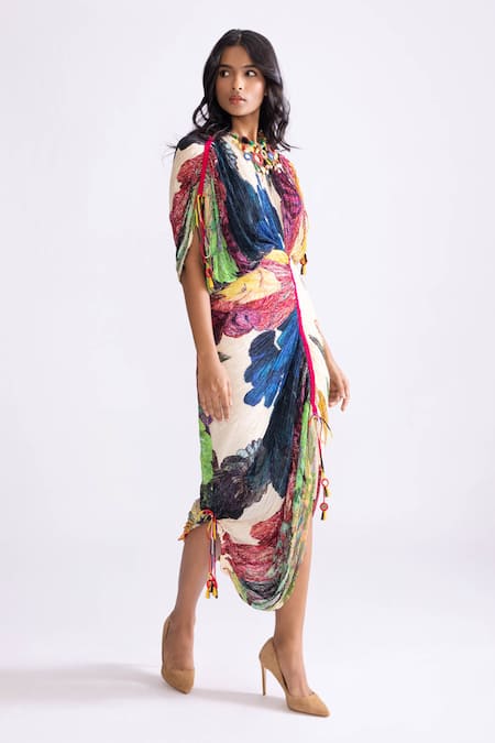 Saaksha & Kinni_Multi Color Cotton, Silk Round Neck Zia Daisy Print Pleated Dress _Online_at_Aza_Fashions