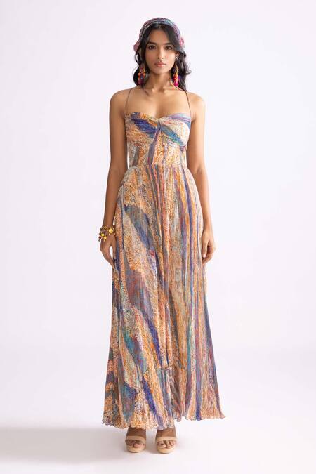 Saaksha & Kinni_Multi Color Chiffon Sweetheart Neck Kiara Weave Print Pleated Dress _Online_at_Aza_Fashions